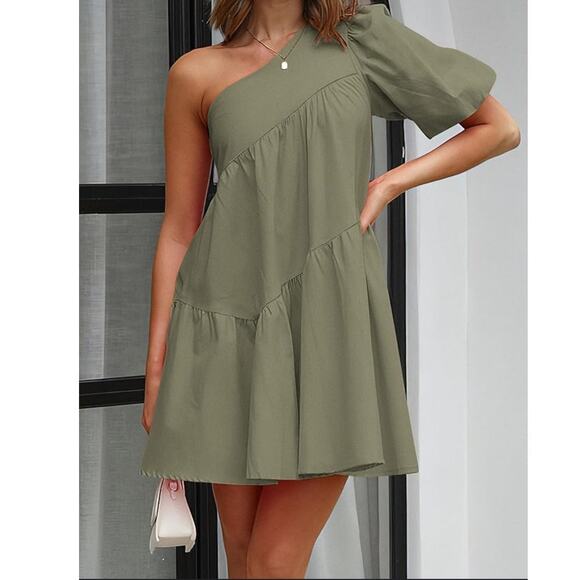 KIRUNDO One Shoulder Mini Baby Doll Khaki Green Dress Boho Women's Size Small - Picture 9 of 9